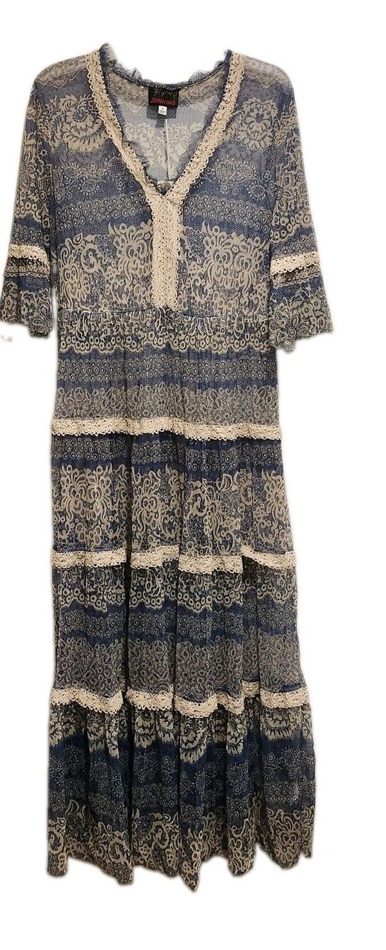 Johnny Was Biya Mazzy Crochet Maxi Dress Blue Lace Boho Sheer Medium NWT No Slip